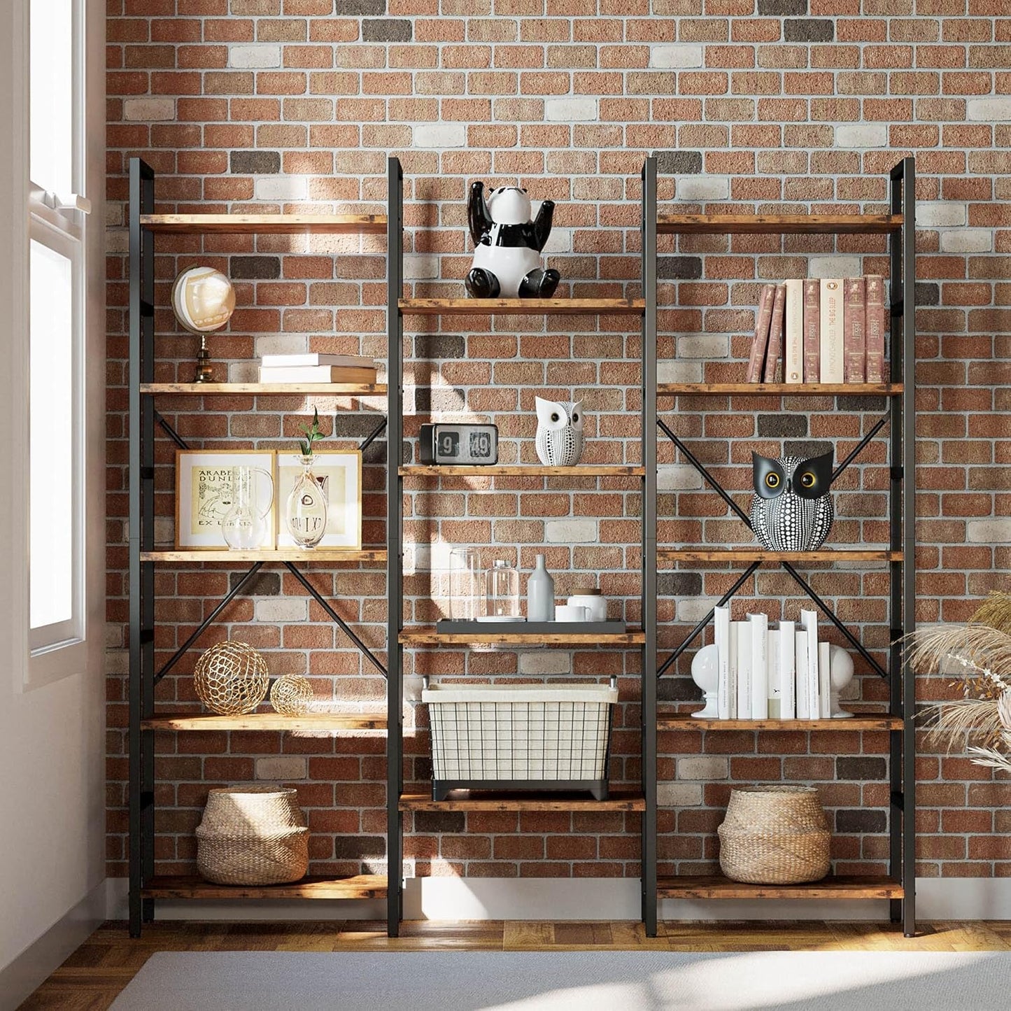 Bookcases and Bookshelves Triple Wide 5 Tiers Industrial Bookshelf,