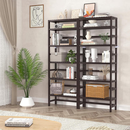 6-Tier Bamboo Bookshelves and Bookcases, Adjustable 63.4”Tall Shallow
