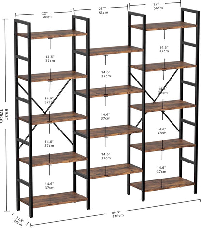 Bookcases and Bookshelves Triple Wide 5 Tiers Industrial Bookshelf,
