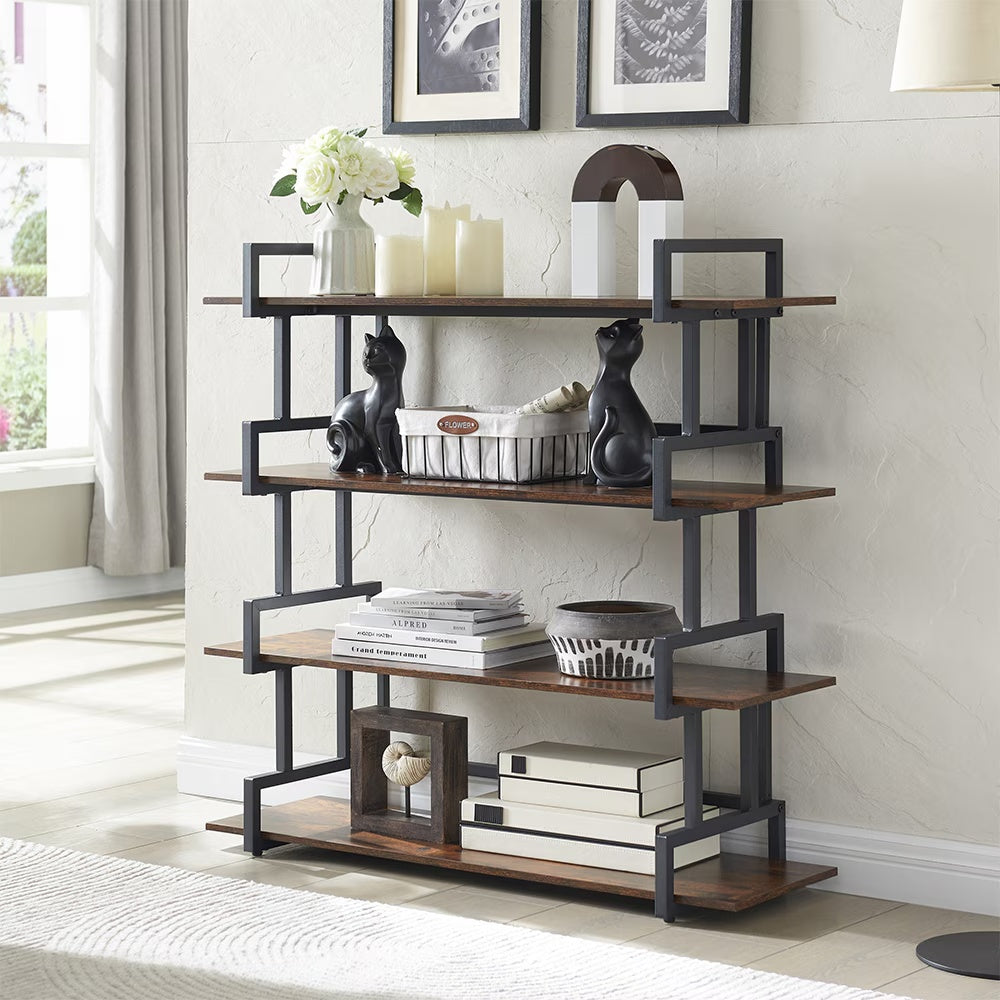 Industrial 4-tier Bookshelves, Metal And Wood Bookshelves, Open