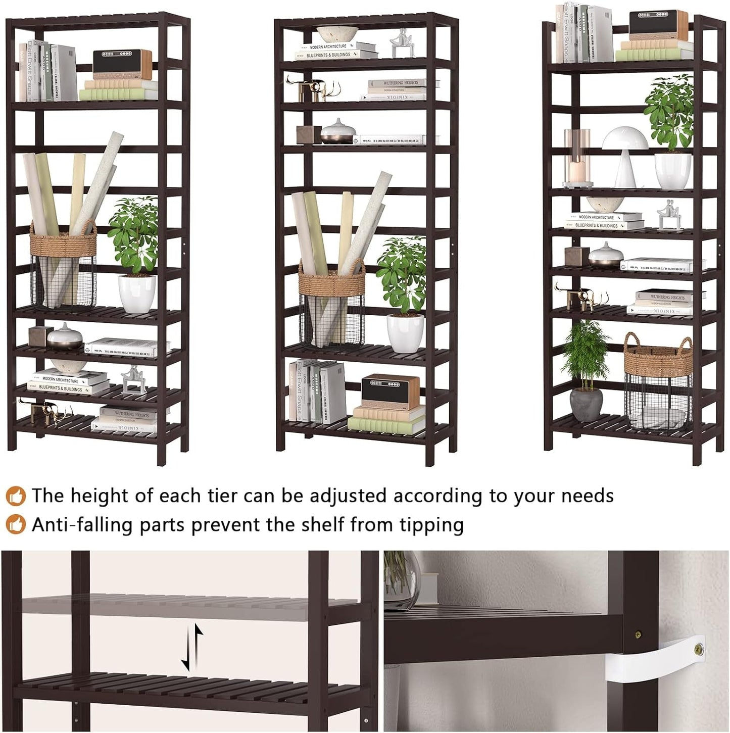 6-Tier Bamboo Bookshelves and Bookcases, Adjustable 63.4”Tall Shallow