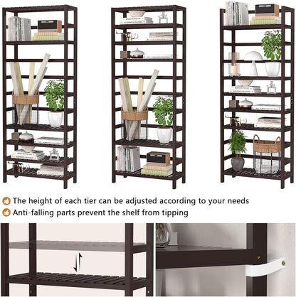 6-Tier Bamboo Bookshelves and Bookcases, Adjustable 63.4”Tall Shallow
