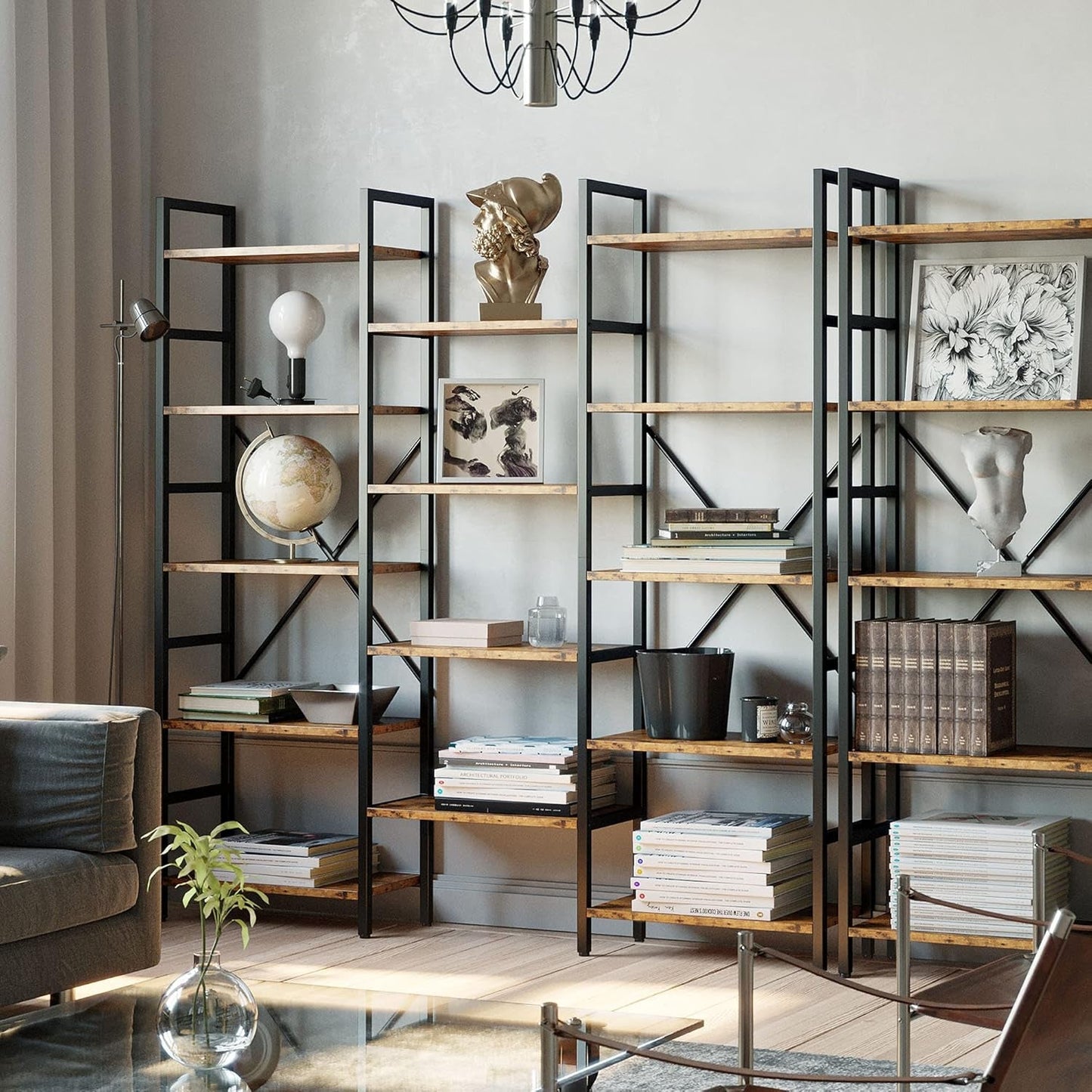 Bookcases and Bookshelves Triple Wide 5 Tiers Industrial Bookshelf,