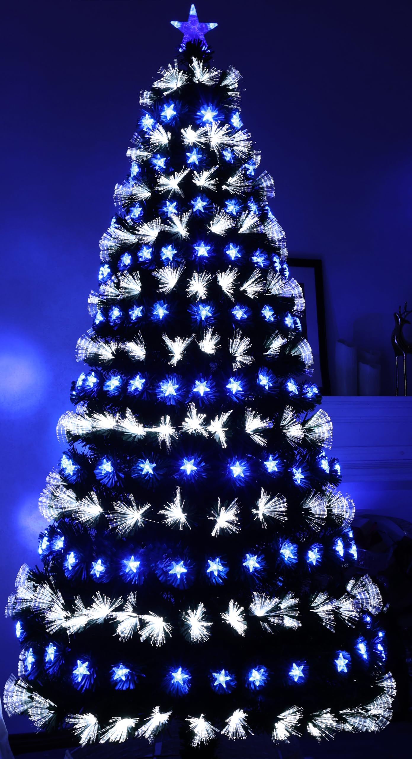 Asinse 6ft Fiber Optic Artificial Christmas Tree, 250 Blue&White LED Lights, Pre-Lit Xmas Tree with 110 Transparent Stars, Metal Stand (6FT/180CM, Type 3)