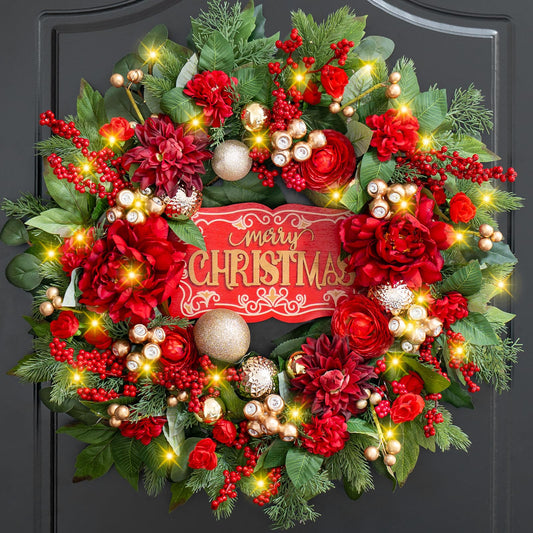 Christmas Wreaths for Front Door 24 Inch Christmas Wreath with Red Flowers, Berries, Gold Ornaments and LED Lights,Holiday Wreath for Indoor Outdoor Christmas Decorations