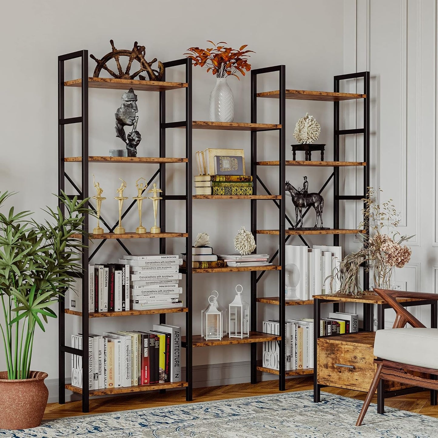 Bookcases and Bookshelves Triple Wide 5 Tiers Industrial Bookshelf,