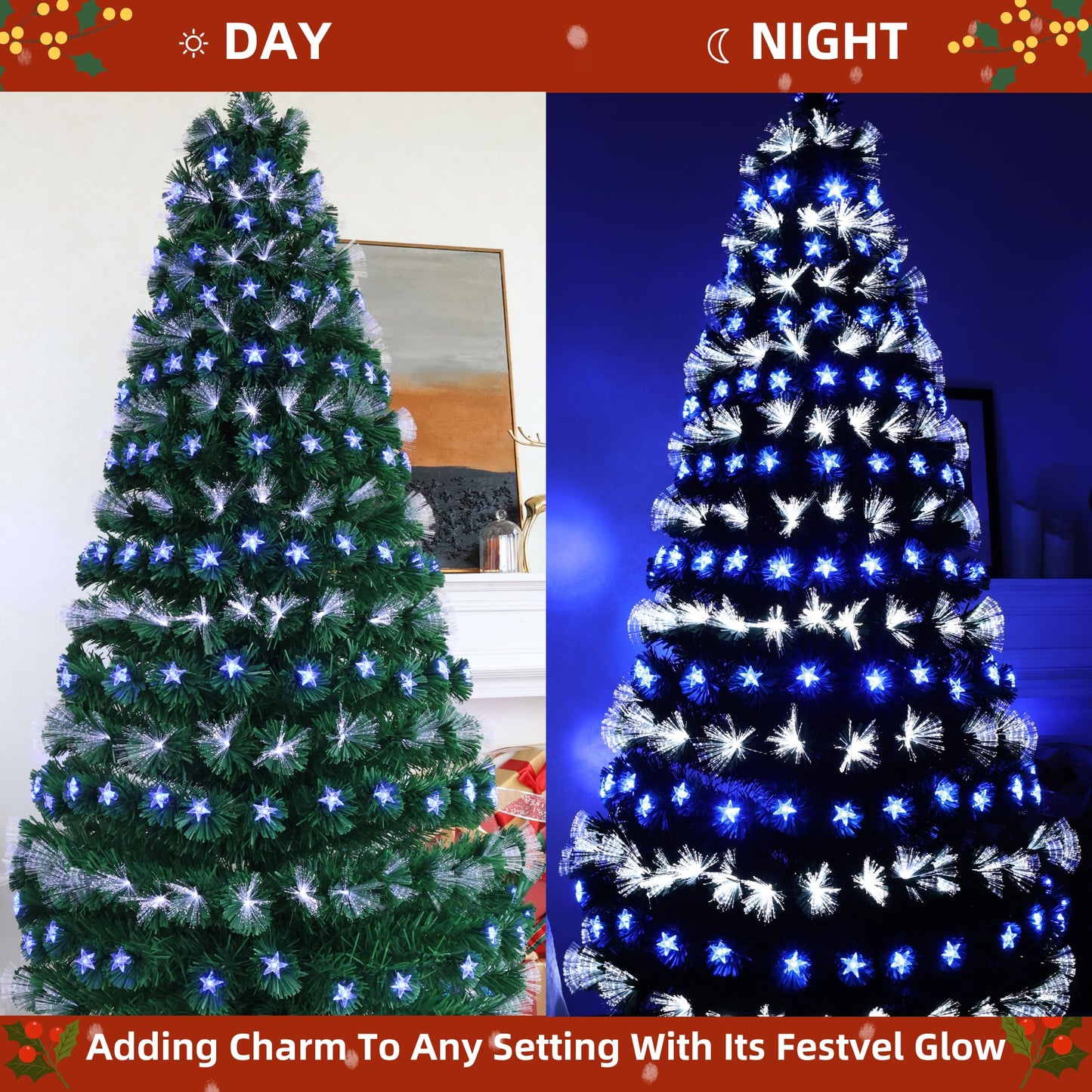 Asinse 6ft Fiber Optic Artificial Christmas Tree, 250 Blue&White LED Lights, Pre-Lit Xmas Tree with 110 Transparent Stars, Metal Stand (6FT/180CM, Type 3)