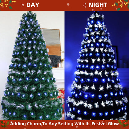 Asinse 6ft Fiber Optic Artificial Christmas Tree, 250 Blue&White LED Lights, Pre-Lit Xmas Tree with 110 Transparent Stars, Metal Stand (6FT/180CM, Type 3)