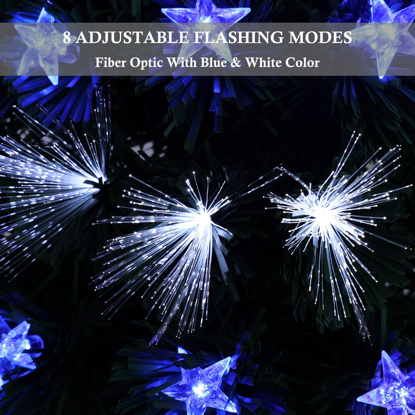 Asinse 6ft Fiber Optic Artificial Christmas Tree, 250 Blue&White LED Lights, Pre-Lit Xmas Tree with 110 Transparent Stars, Metal Stand (6FT/180CM, Type 3)