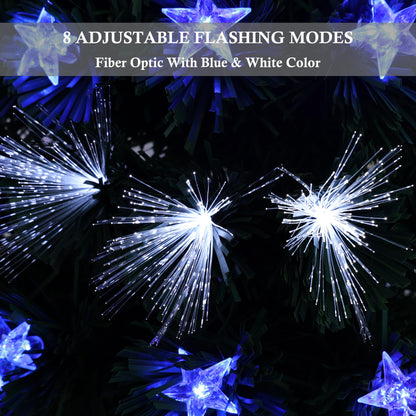 Asinse 6ft Fiber Optic Artificial Christmas Tree, 250 Blue&White LED Lights, Pre-Lit Xmas Tree with 110 Transparent Stars, Metal Stand (6FT/180CM, Type 3)