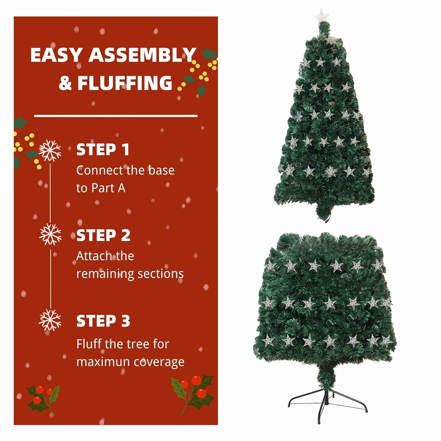 Asinse 6ft Fiber Optic Artificial Christmas Tree, 250 Blue&White LED Lights, Pre-Lit Xmas Tree with 110 Transparent Stars, Metal Stand (6FT/180CM, Type 3)