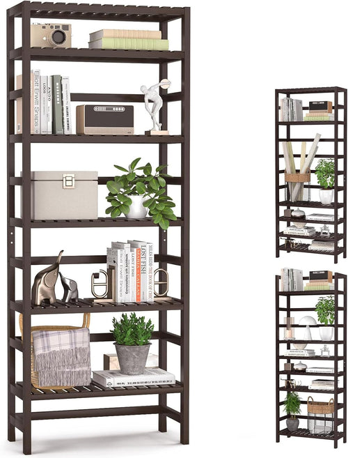 6-Tier Bamboo Bookshelves and Bookcases, Adjustable 63.4”Tall Shallow