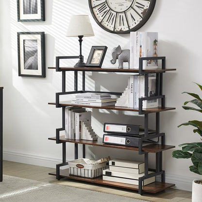 Industrial 4-tier Bookshelves, Metal And Wood Bookshelves, Open