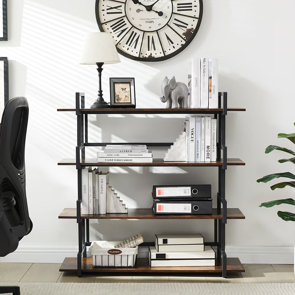 Industrial 4-tier Bookshelves, Metal And Wood Bookshelves, Open