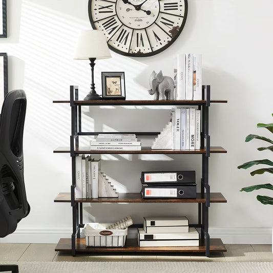Industrial 4-tier Bookshelves, Metal And Wood Bookshelves, Open