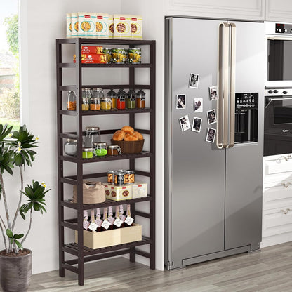 6-Tier Bamboo Bookshelves and Bookcases, Adjustable 63.4”Tall Shallow